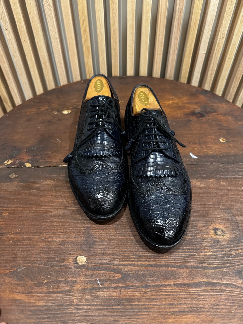 Gucci Dark Blue crocodile and lizard  Leather Brogue Derbys with Kiltie Fringe